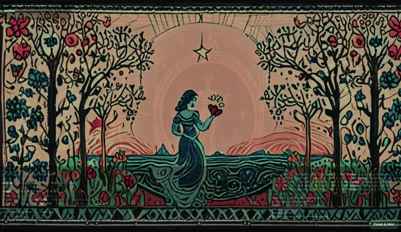 One continuous azulejo painting from a single song: a figure holding a glowing heart under a star, flanked by flowering trees.